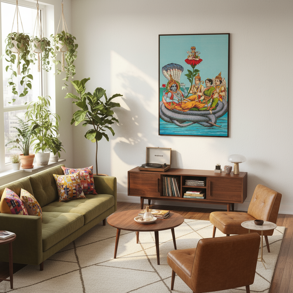 Artistic apartment with Vishnu centerpiece