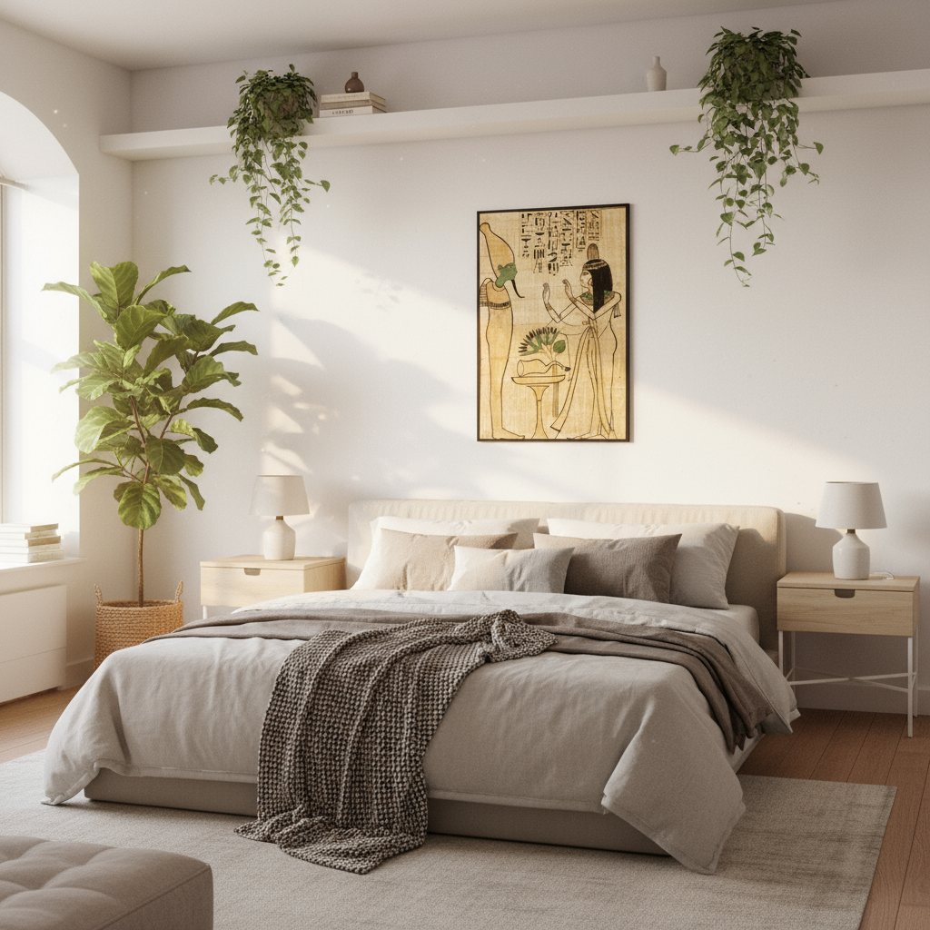 Cozy bedroom with Egyptian papyrus