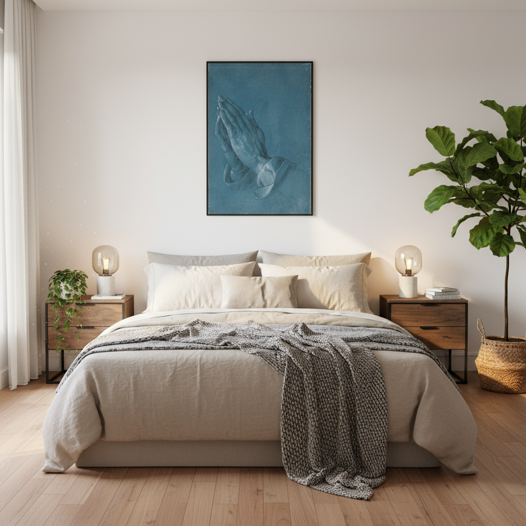 Cozy bedroom with praying hands artwork