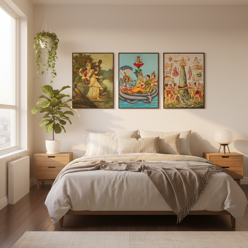 Cozy bedroom with three deity artworks