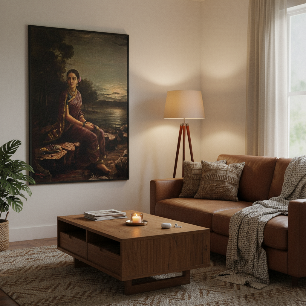 Cozy living room with leather sofa