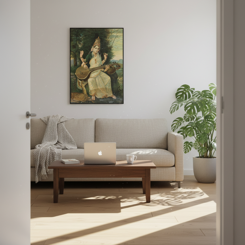 Living room with Saraswati poster