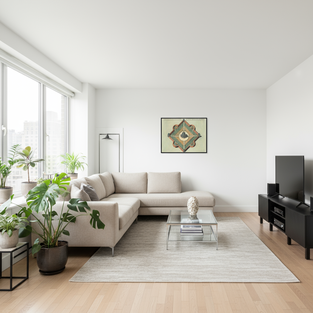 Modern living room with geometric diagram