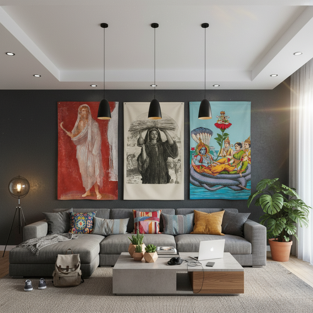 Urban living space with pendant ceiling lights
