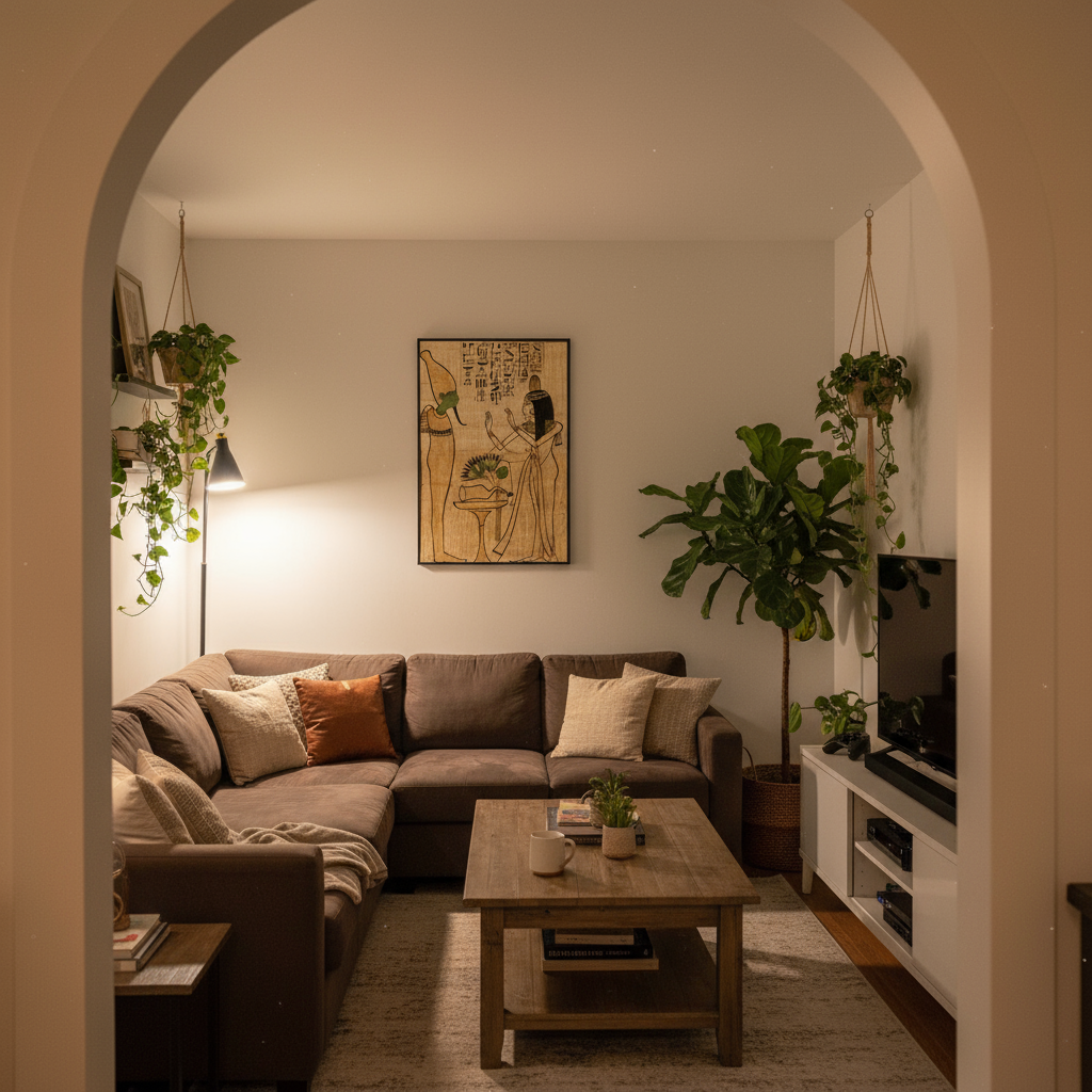 Warm cozy den with papyrus artwork